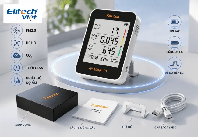 Tổng quan máy đo chất lượng không khí Indoor Temtop S1-up và phụ kiện đi kèm