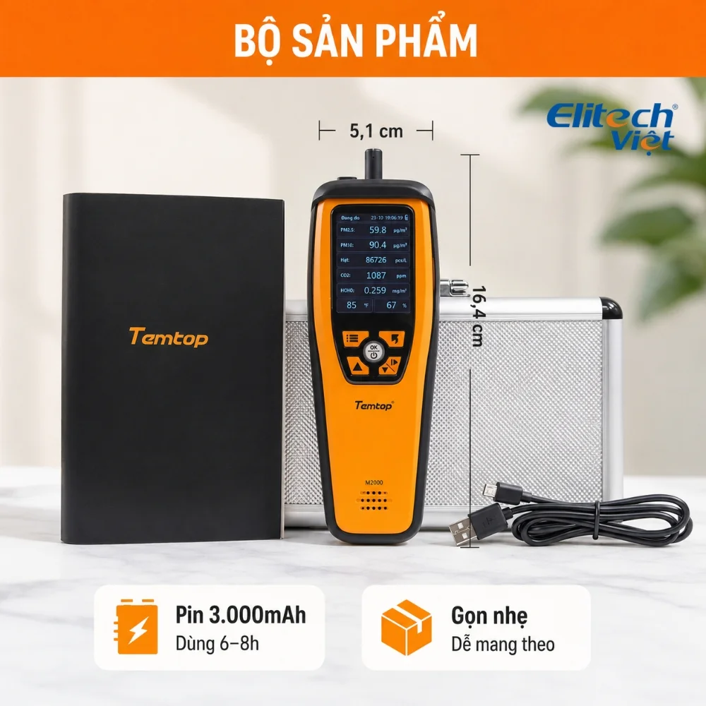 Bộ sản phẩm máy đo chất lượng không khí Temtop M2000 2nd