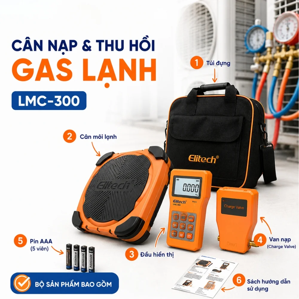 Cân nạp và thu hồi gas lạnh Elitech LMC-300 bộ sản phẩm