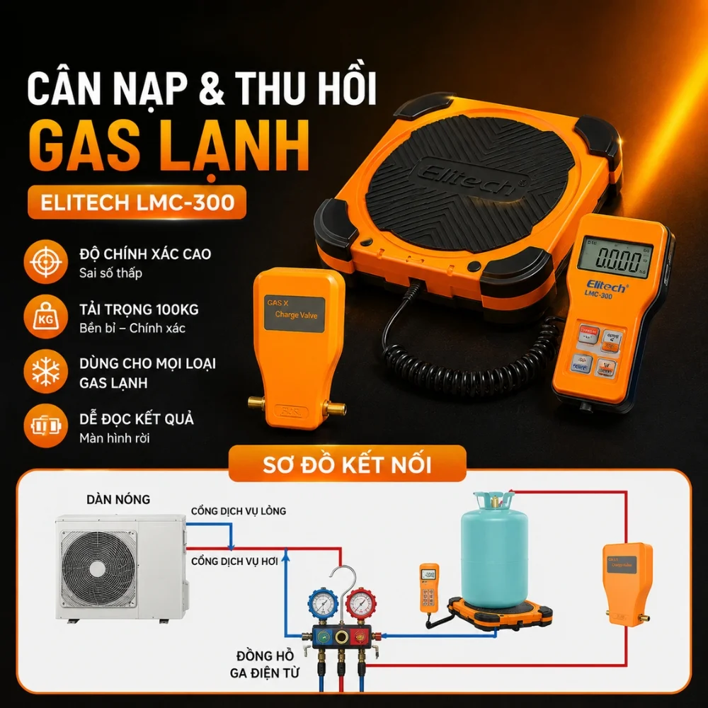 Cân nạp và thu hồi gas lạnh Elitech LMC-300 ứng dụng HVAC