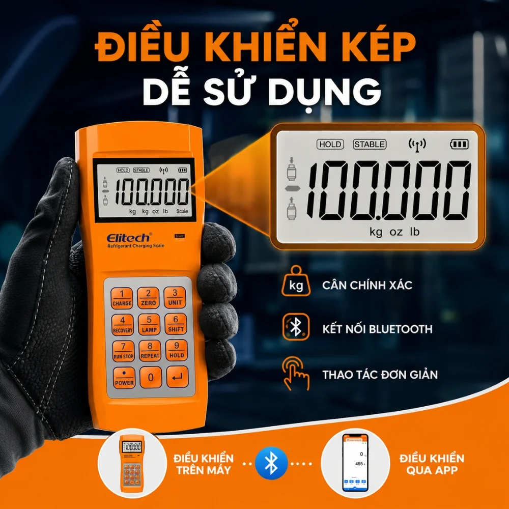 Điều khiển kép trên cân nạp gas Elitech LMC-210