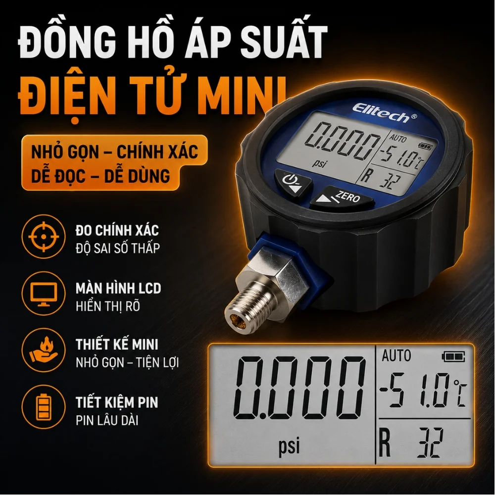 Đồng hồ đo áp suất kỹ thuật số Elitech PG-30Pro màn hình LCD