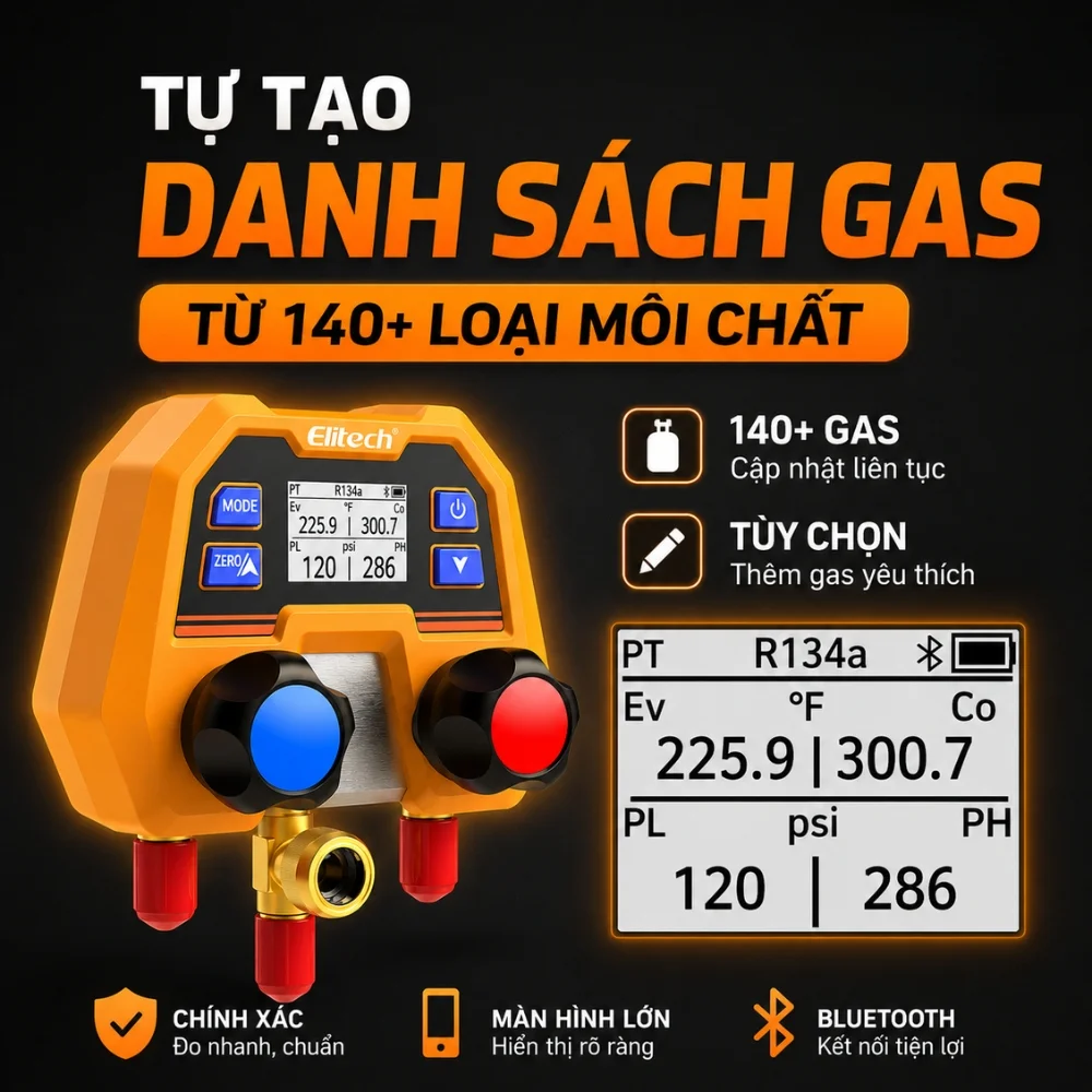 Elitech DMG-2SE đo áp suất và nhiệt độ hệ thống lạnh