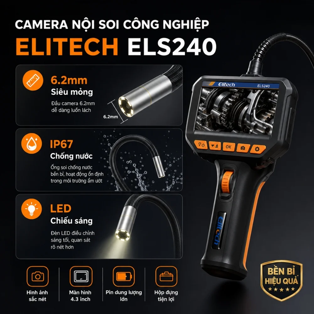 Camera nội soi Elitech ELS240 với đầu dò 6.2 mm chống nước IP67