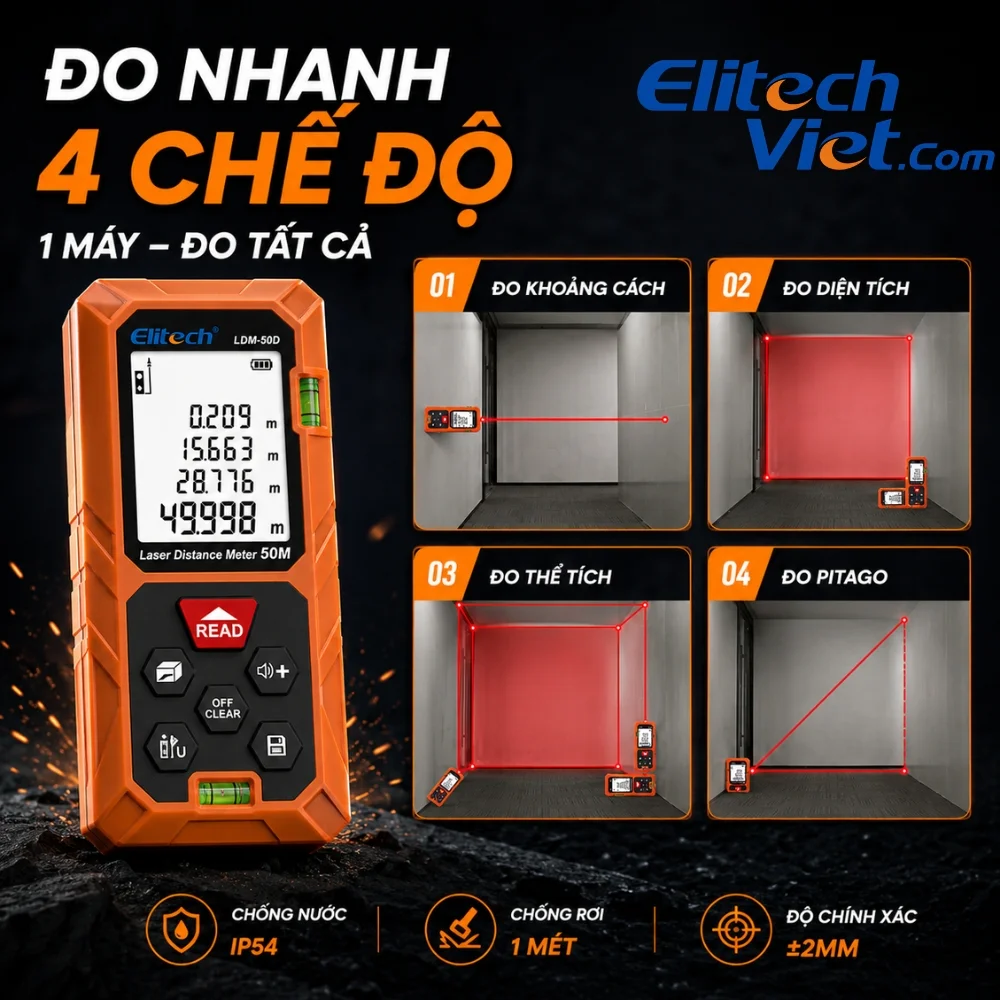 Elitech LDM-50D hỗ trợ 4 chế độ đo khoảng cách