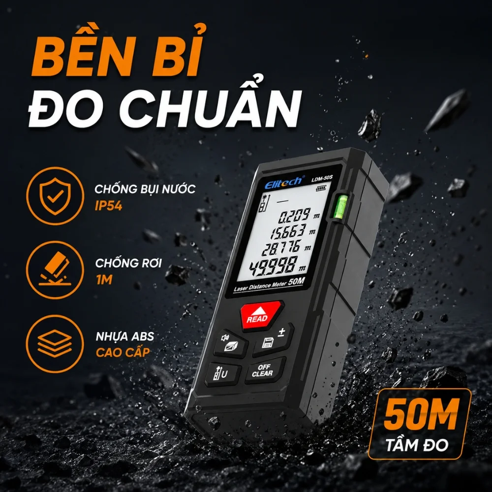 Elitech LDM-50S đo khoảng cách lên đến 50 m