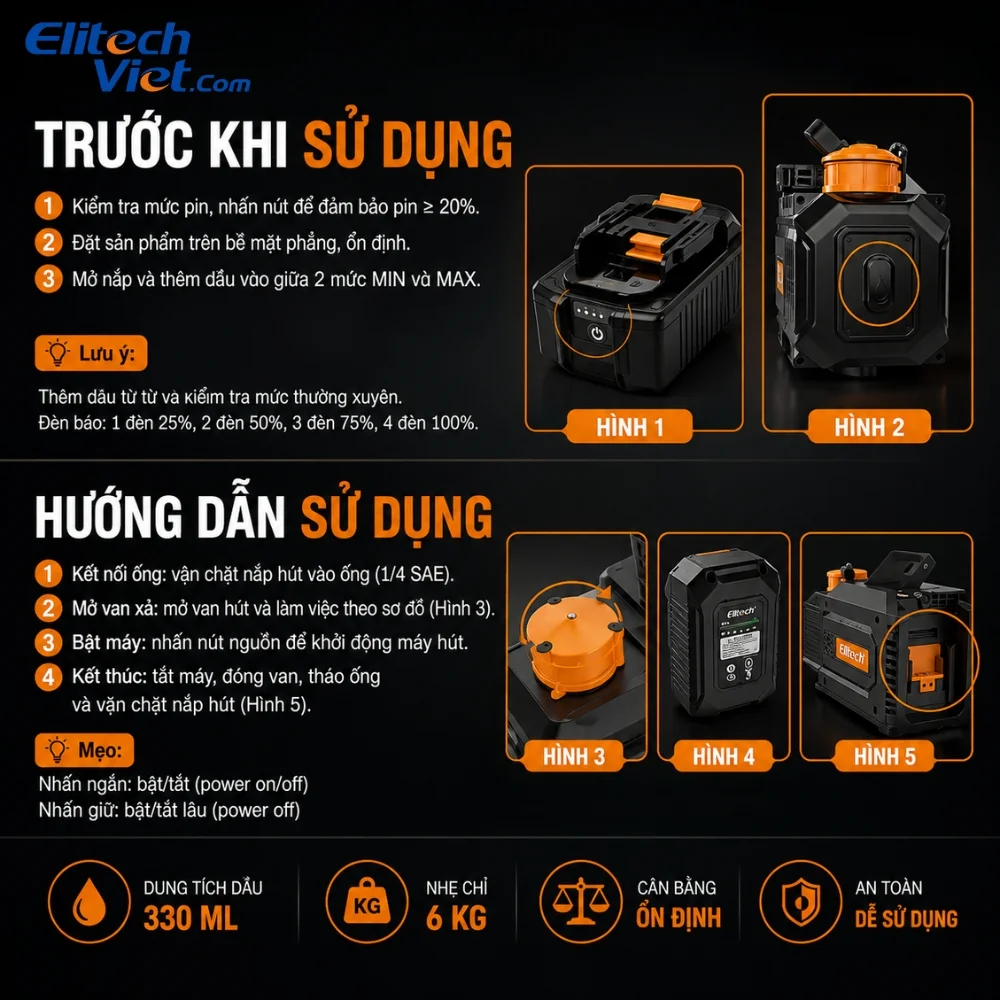 Hướng dẫn sử dụng máy bơm chân không Elitech SVP-DC