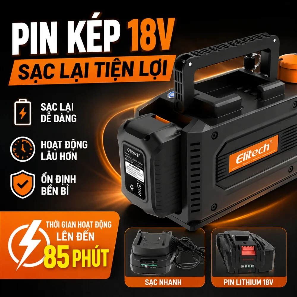 Elitech SVP-DC sử dụng pin kép 18V sạc nhanh