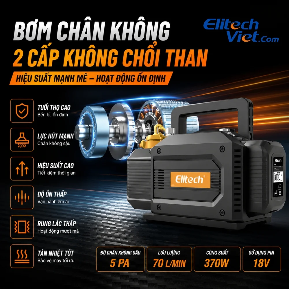 Elitech SVP-DC Pro bơm chân không hai cấp hiệu suất cao