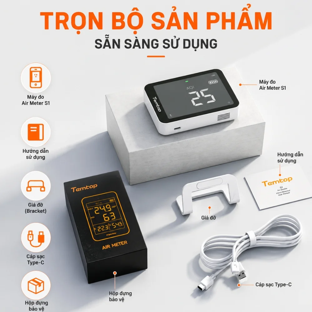 Bộ sản phẩm và phụ kiện đi kèm Indoor Temtop S1