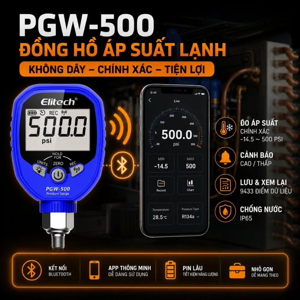 Máy đo áp suất chất môi lạnh Elitech PGW-500 HVAC đo gas lạnh