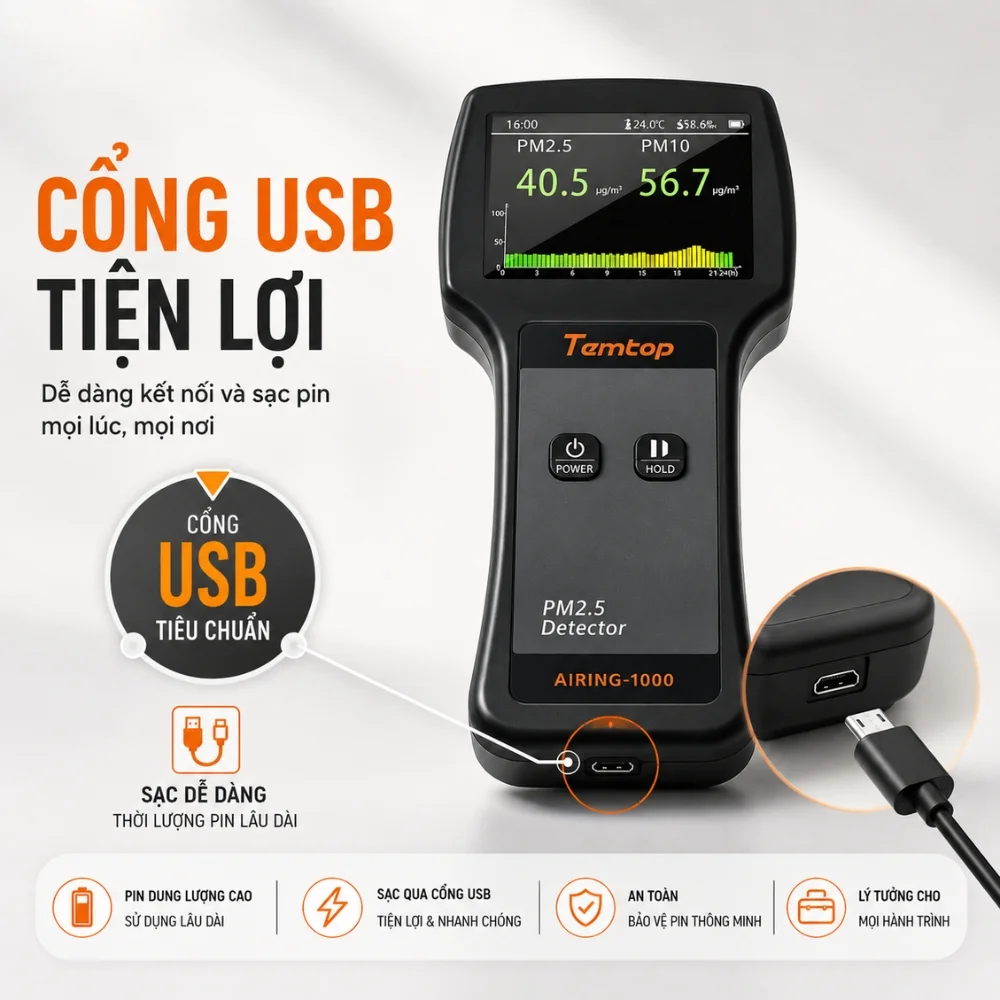Temtop Airing-1000 hỗ trợ sạc USB Type-C tiện lợi