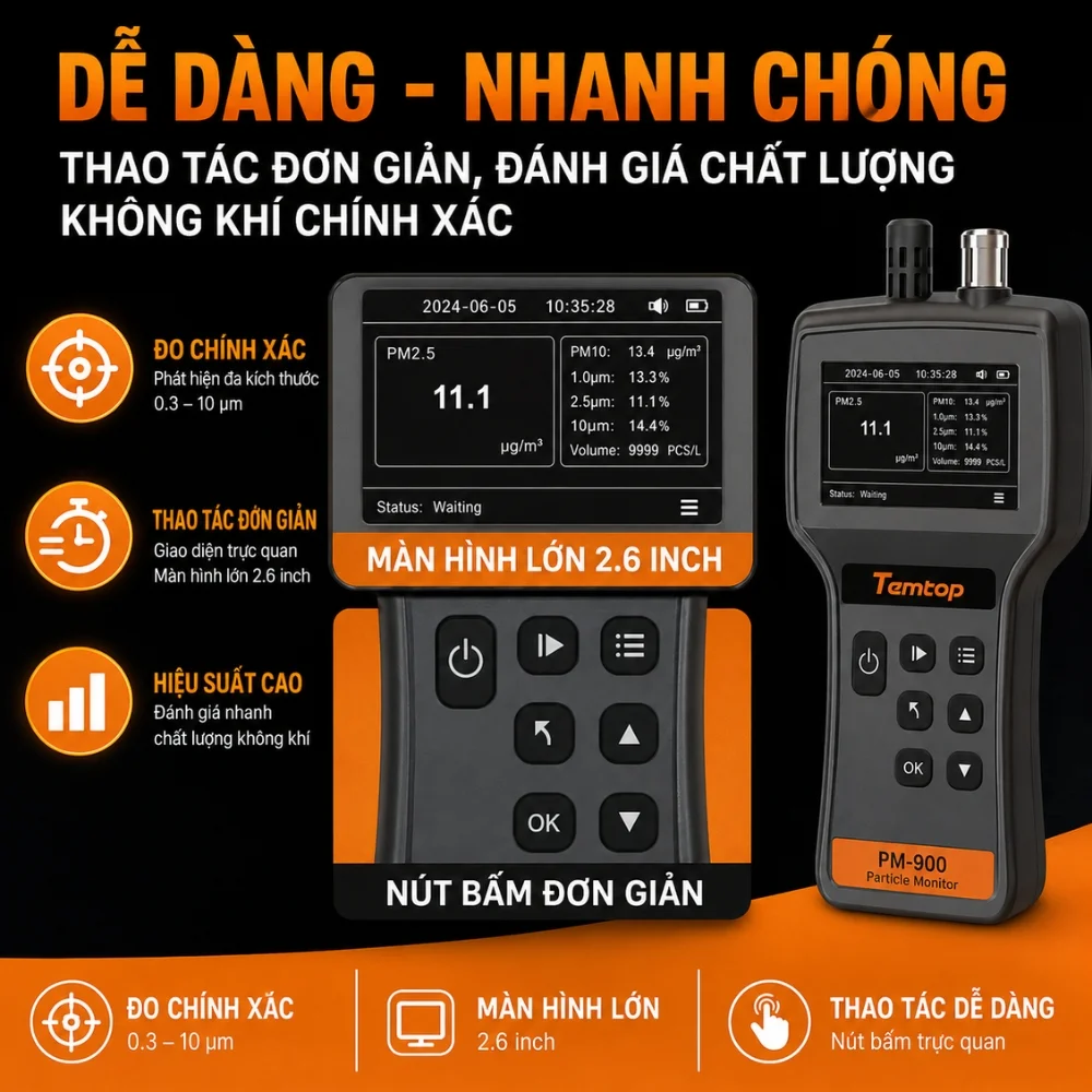 Temtop Airing-2000 thao tác đo bụi nhanh chóng và dễ dàng