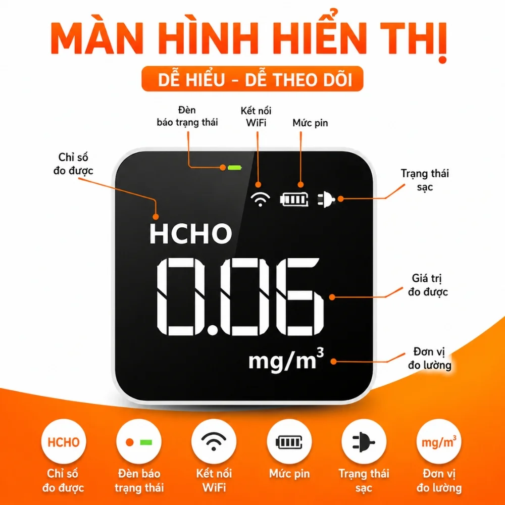 Màn hình hiển thị nồng độ HCHO chi tiết trên Temtop M10i