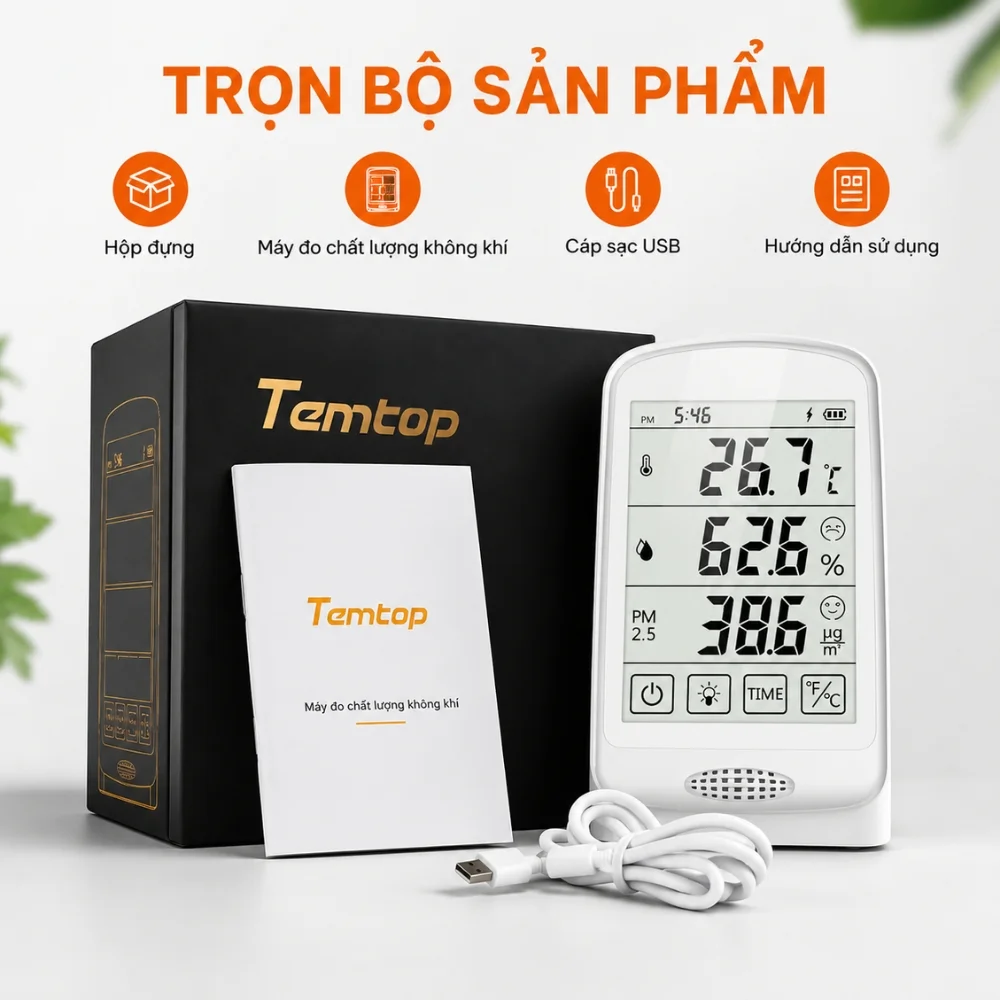 Bộ sản phẩm máy đo chất lượng không khí Temtop P15