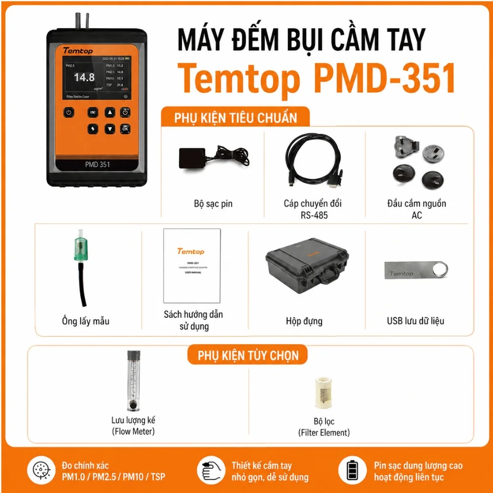 Bộ phụ kiện đi kèm máy đếm bụi cầm tay Temtop PMD-351