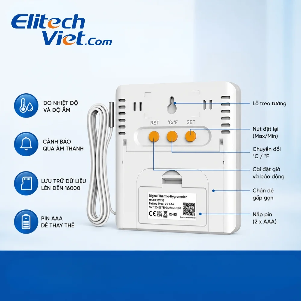 Cấu tạo và các chức năng của nhiệt kế tự ghi Elitech BT-3S
