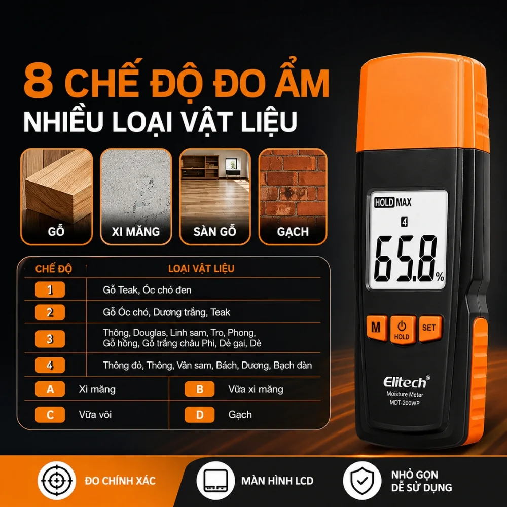 Elitech MOT-270W hỗ trợ 8 chế độ đo độ ẩm vật liệu