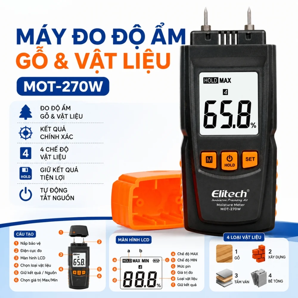 Elitech MOT-270W đo độ ẩm gỗ và nhiều loại vật liệu khác